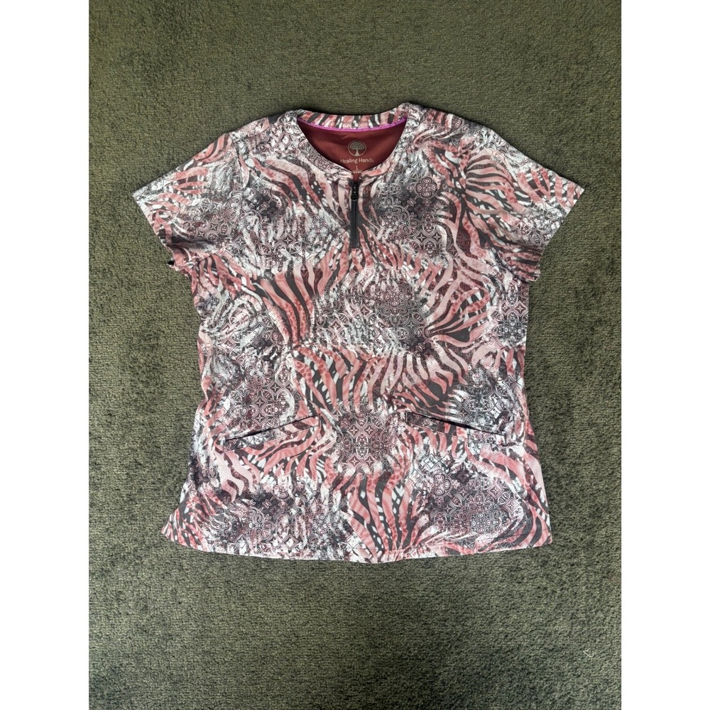 Healing Hands Purple Label Ivy Scrub Top Pink Grey Animal Mandala 2271-HSA Large